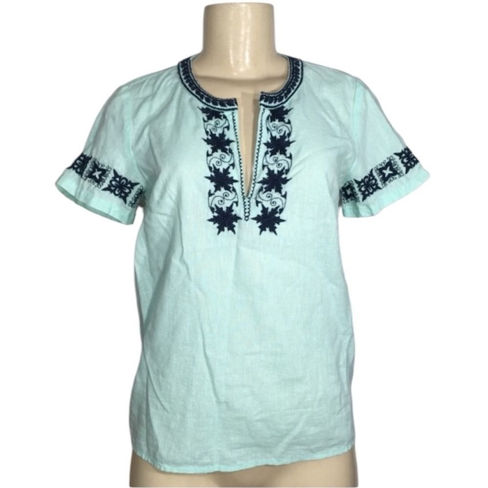J.Crew Embroidered Linen Blend Tunic Top Women XXS Aqua Blue Green Boho F1173